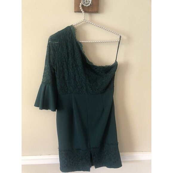 Lulus Womens Size Large Green Lace Dress One Shoulder Bell Sleeve - Picture 5 of 6